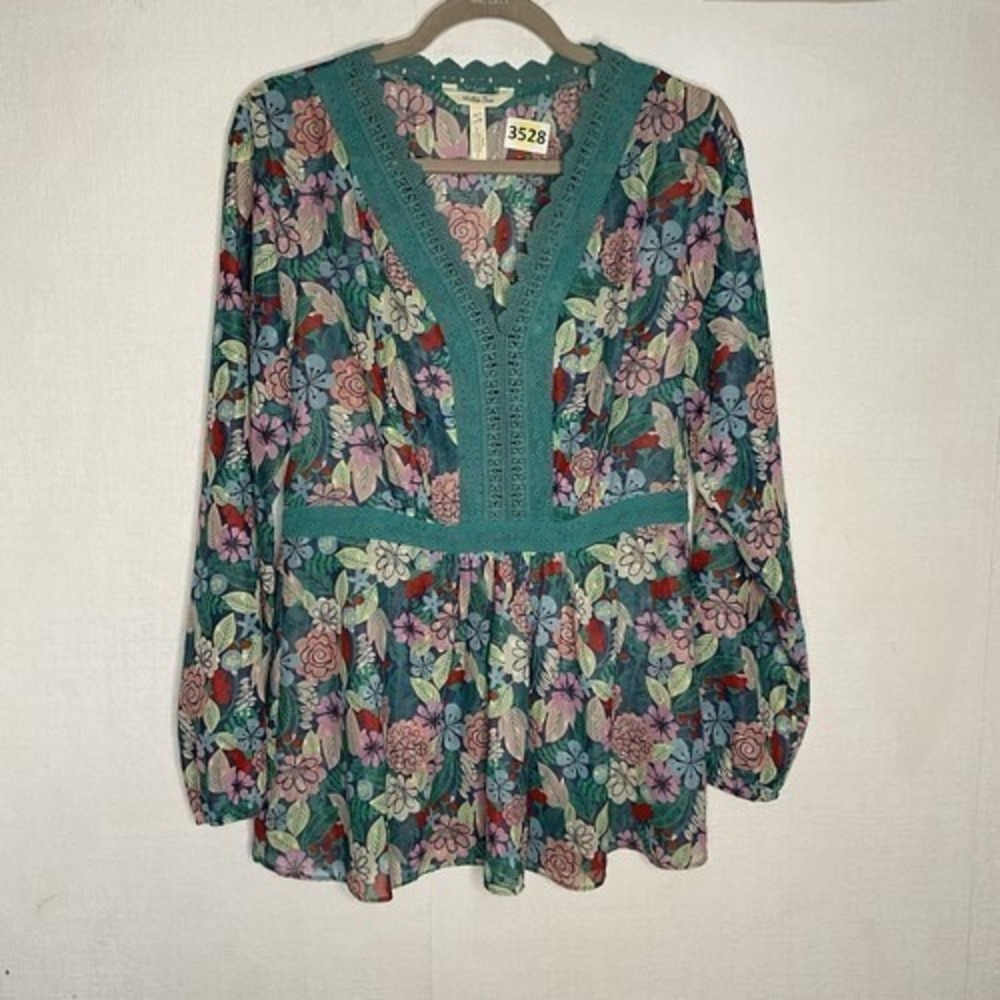 NWOT Matilda Jane Kookaburra Teal Floral Peasant Swiss Dots Blouse Women L China